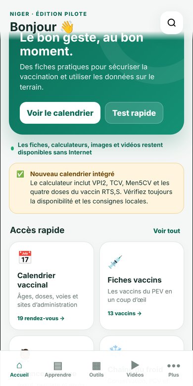 Écran d'accueil de l'application PEV Pratique : calendrier vaccinal, fiches vaccins, test rapide